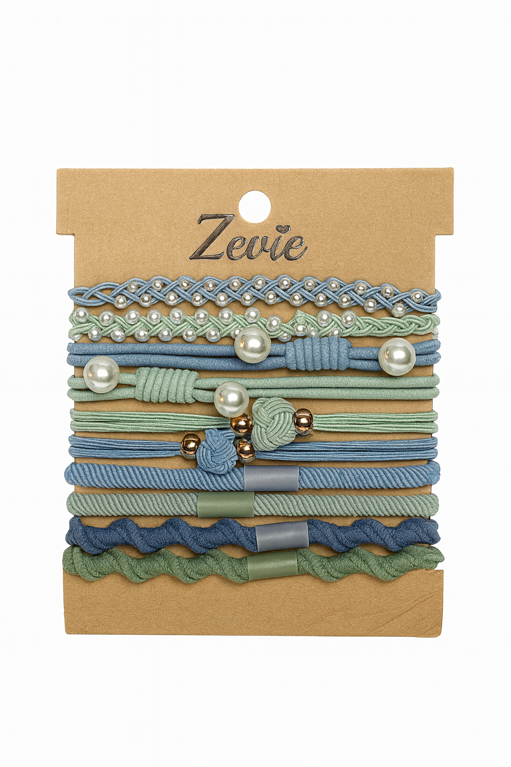 Zevie Designer Hair Tie & Bracelet Set – Blue & Sage Collection (10 Pack)