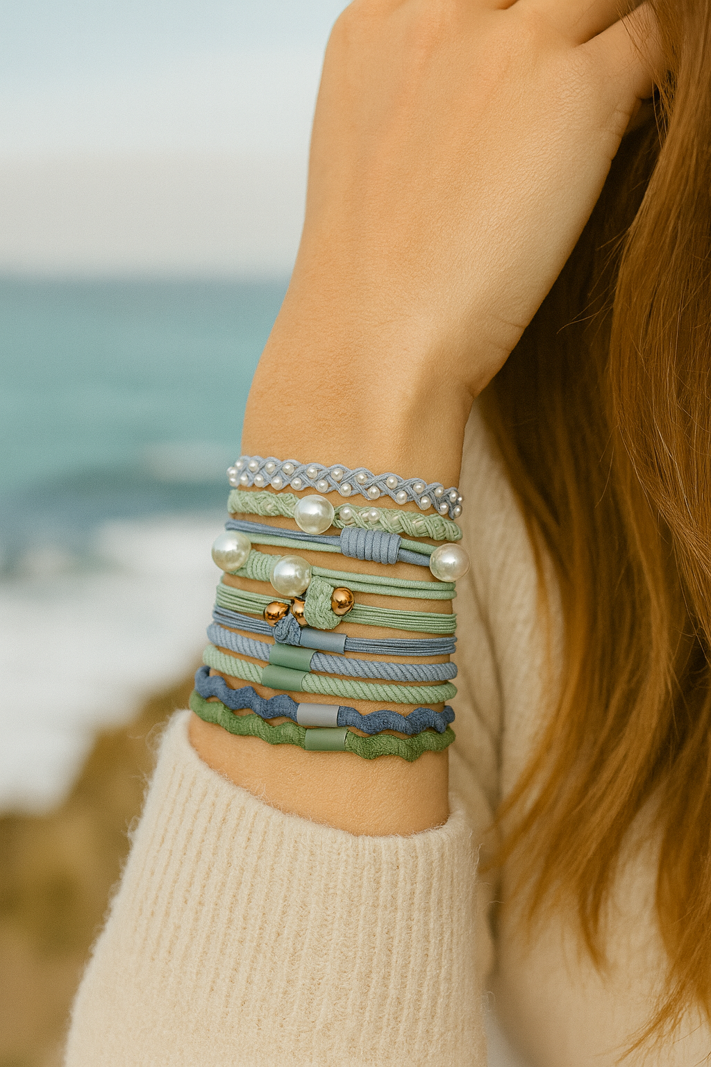 Zevie Designer Hair Tie & Bracelet Set – Blue & Sage Collection (10 Pack)