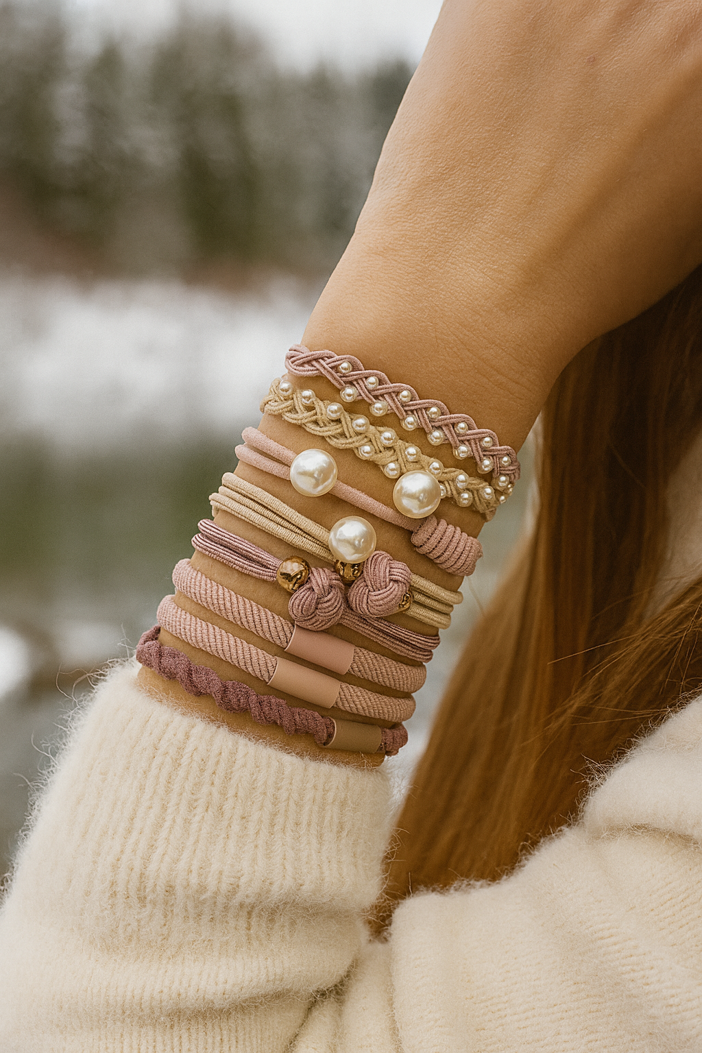 Zevie Designer Hair Tie & Bracelet Set – Blush & Nude Collection (10 Pack)